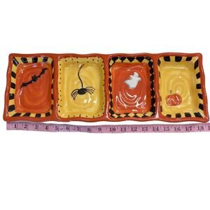 Halloween Divided Serving Dish Ceramic Orange Black Condiment 4 Ghost Spider Bat